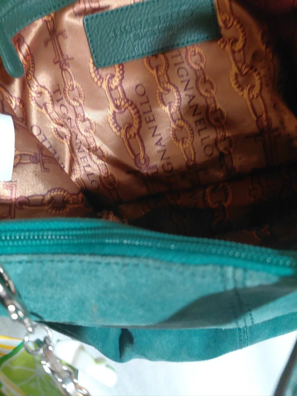 Tignanello Green Suede Shoulder Bag Zipper Sides to Expand